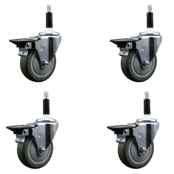 4'' Gray Poly Swivel 7/8'' Expanding Stem Caster Set with Brake, 4PK